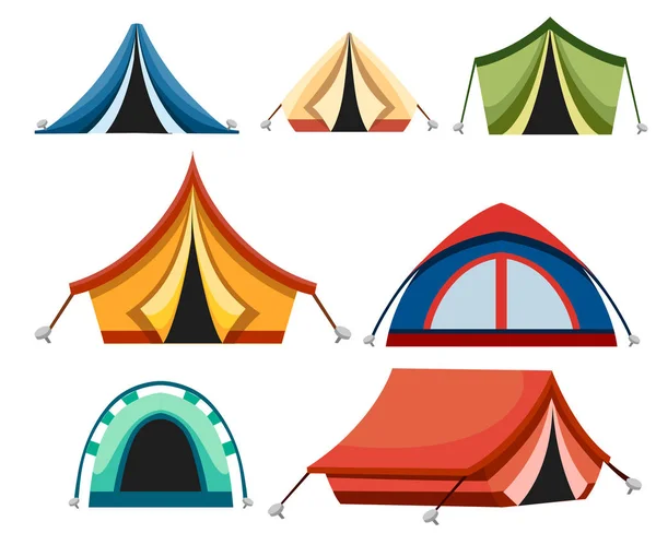 Yürüyüş Kamp Çadır Kümesi Üçgen Kubbe Düz Tasarım Çadır Renkli — Stok Vektör