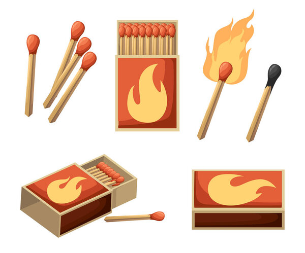 Collection of matches. Burning match with fire, opened matchbox, burnt matchstick. Flat design style. Vector illustration isolated on white background.