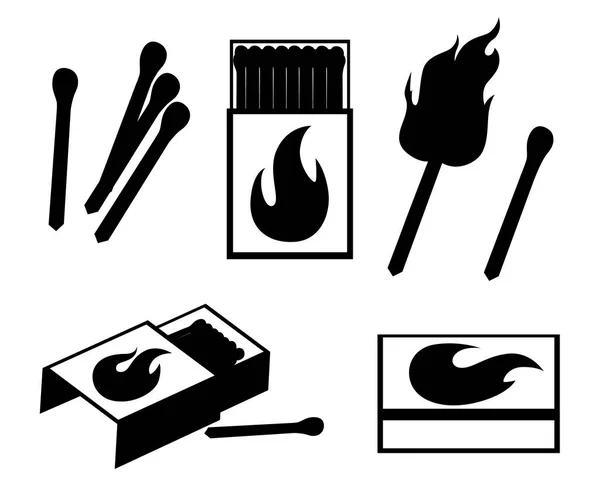 Fekete Sziluettje Mérkőzések Gyűjteménye Égő Gyufa Tűz Matchbox Megnyílt Megégett — Stock Vector