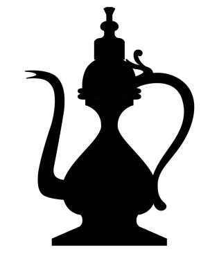 Siyah siluet. Güzel geleneksel cezve. Arapça klasik kahve kabı. Düz stil vektör çizim. Beyaz arka plan üzerinde izole.