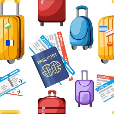 Seamless modeli. Bilet ve Bagaj gezici ile vektör pasaport. Hava seyahat kavramı. Düz tasarım Vatandaşlık numarası seyahat edenler için. Mavi Uluslararası belge. Resimde beyaz arka plan üzerinde.