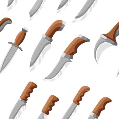 Seamless modeli. Hançerler topluluğu. Taktik ve ev bıçak. Paslanmaz çelik ve ahşap sapı. Beyaz arka plan üzerinde vektör çizim.