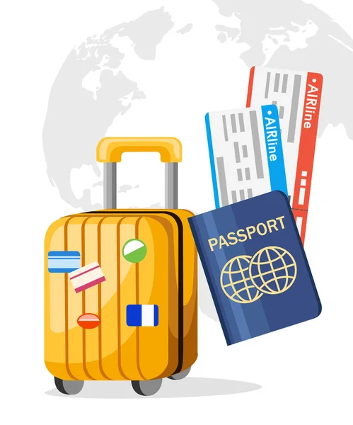 Pasaporte Vectorial Con Entradas Equipaje Sobre Ruedas Concepto Viaje Aéreo — Vector de stock