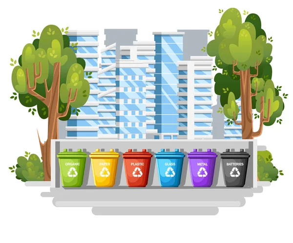 Colección Cubos Basura Con Basura Ordenada Seis Contenedores Ciudad Moderna — Vector de stock