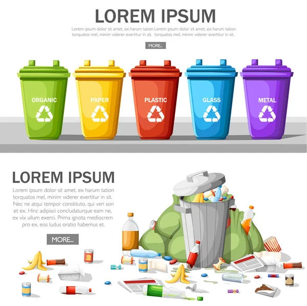 Collection of garbage cans with sorted garbage. Steel garbage bin full of trash. Ecology and recycle concept. Garbage recycling and utilization concept. Flat vector illustration on white background.