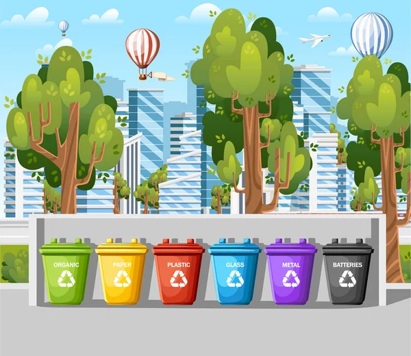 Kolekce Popelnice Seřazené Odpadky Šest Kontejnerů Moderním Městě Ekologie Recyklace — Stockový vektor