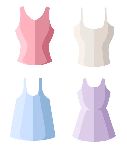 设置四女坦克顶部 女性夏季服装 在白色背景上隔离的平面矢量图 — 图库矢量图片