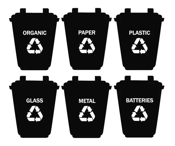 Sammlung Von Mülltonnen Mit Sortiertem Müll Sechs Behälter Für Glas — Stockvektor