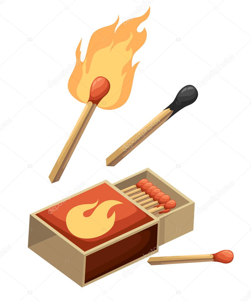Collection of matches. Burning match with fire, opened matchbox, burnt matchstick. Flat design style. Vector illustration isolated on white background.