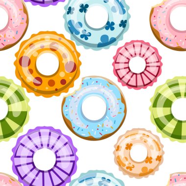 Seamless modeli. Renkli yüzme halkalar. Şişirilebilir kauçuk oyuncak. Yüzücü daire farklı doku ile. Düz vektör simgeler. Resimde beyaz arka plan üzerinde.