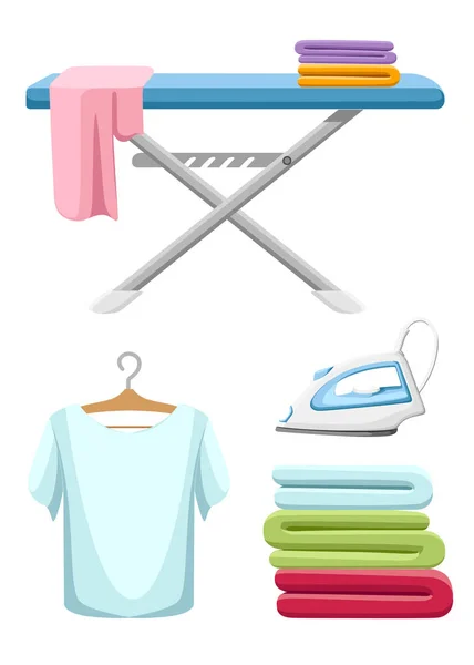 洗衣房图标收藏 蓝色熨衣板 白熨斗 一堆毛巾和熨 T恤衫 白色背景下的平面卡通插图 — 图库矢量图片