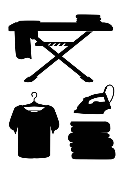 Schwarze Silhouette Waschküche Ikonensammlung Blaues Bügelbrett Weißes Bügeleisen Stapel Handtücher — Stockvektor