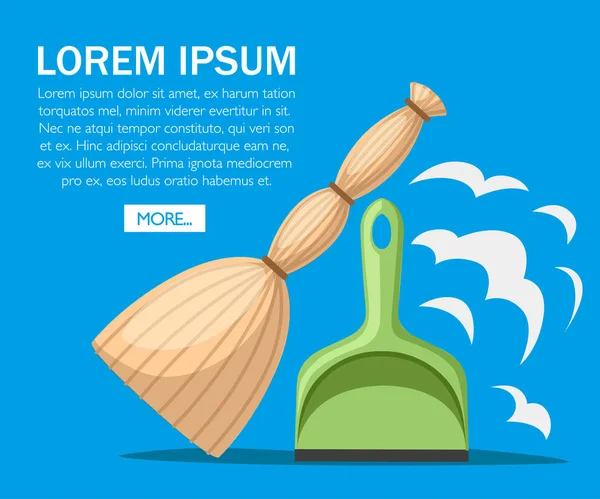 Green Plastic Dustpan Yellow Broom Flat Design Style Cleaning Set — Stock Vector