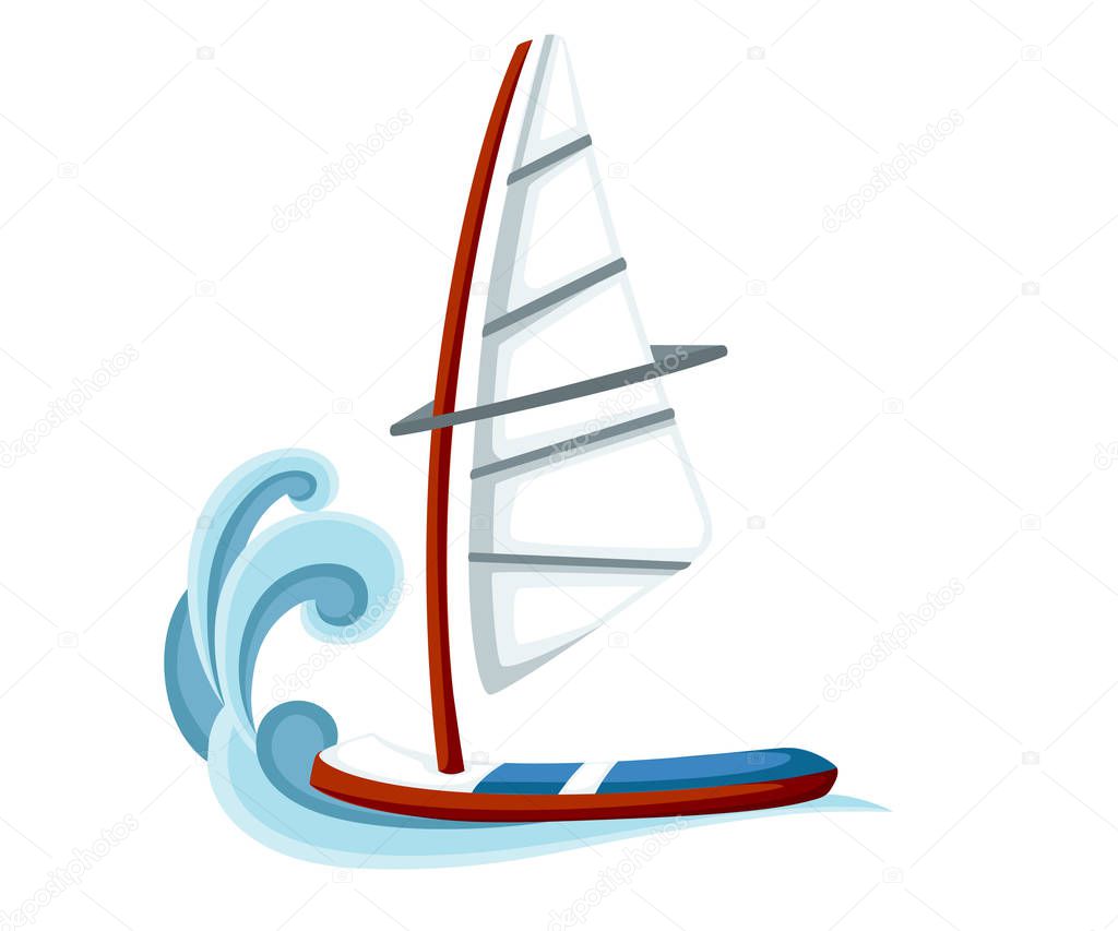 Cartoon sailing board on water. Equipment for windsurfing. Sailboard vector illustration isolated on white background.