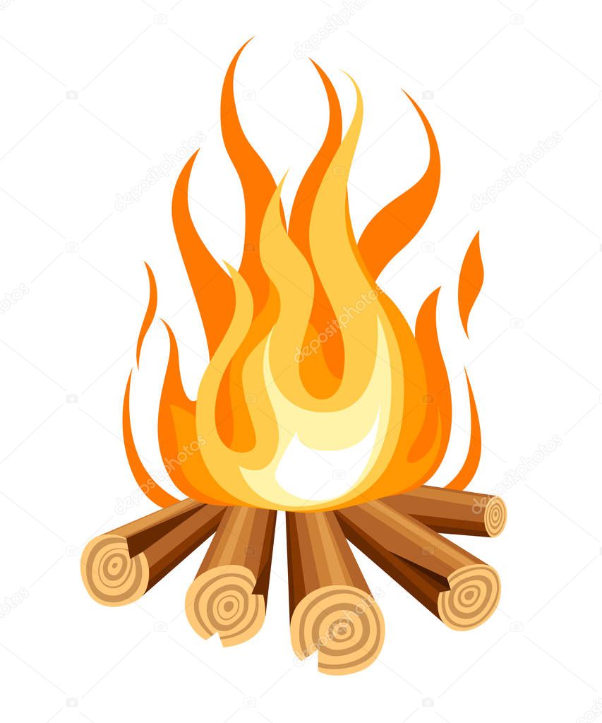 Burning bonfire with wood. Vector cartoon style illustration of bonfire. Isolated on white background.