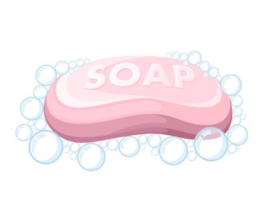 Pembe sabun bar. Sabun köpüğü. Renkli banyo simgesi. Beyaz arka plan üzerinde izole düz vektör çizim.