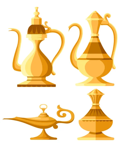 Conjunto Jarra Árabe Lámpara Aceite Ilustración Lámpara Mágica Genio Aladdin — Vector de stock