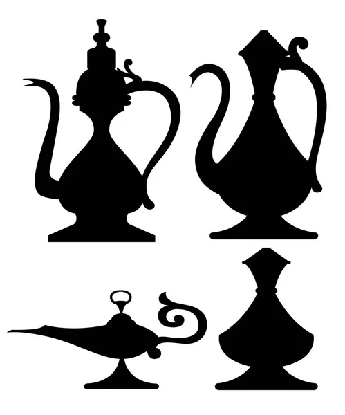 Zwarte Silhouet Set Arabische Kruik Olie Lamp Illustratie Aladdin Magie — Stockvector