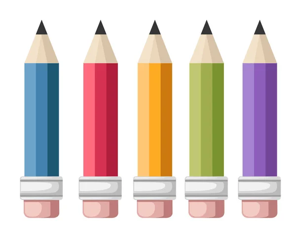 Ensemble Crayons Couleur Vectorielle Cinq Crayons Avec Gomme Style Dessin — Image vectorielle