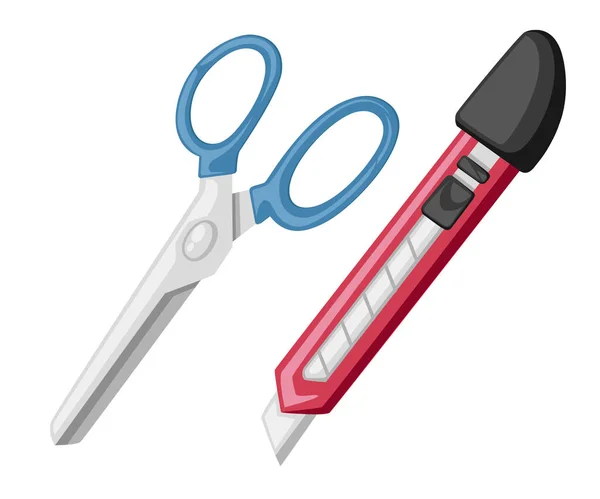 Coltello Cancelleria Rosso Forbici Blu Design Stile Piatto Attrezzi Ufficio — Vettoriale Stock