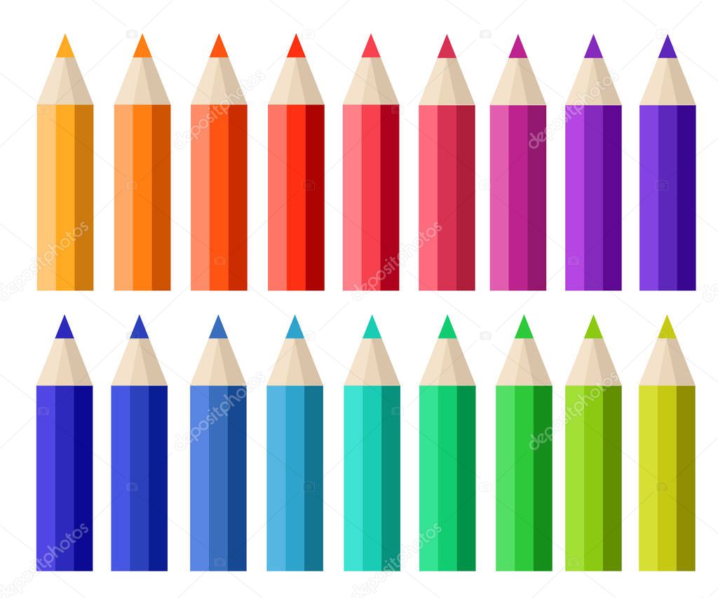 Big collection of colored pencils. Flat cartoon style. Vector illustration isolated on white background.