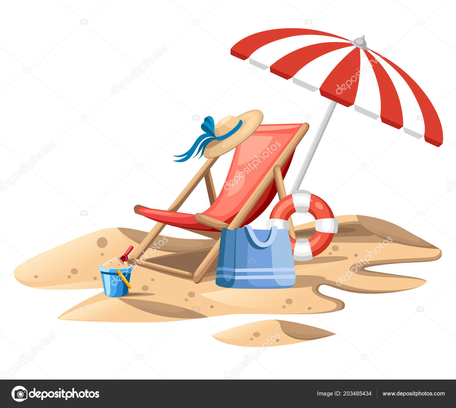 Bucket and spade. Red beach chair with umbrella. Wooden chair and plastic  toy on sand. Summer icon. Flat vector illustration on white background. 