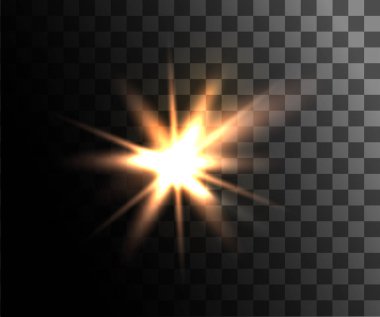 Işık parlayan. Soyut sarı etkisi. Saydam arka plan üzerinde izole parçacıklar dekorasyonu ile altın vektör ışık efektleri.