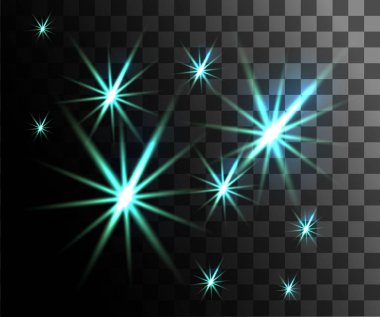 Parlayan ışık kümesi. Soyut turkuaz etkisi. Saydam arka plan üzerinde izole parçacıklar dekorasyonu ile vektör ışık efektleri.