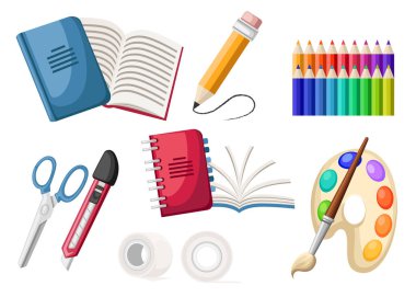 İleti örneği simgeler kümesi. Spiral ve normal defter, yapışkan bant, palet, kalemler, bıçak ve makas. Düz office simge. Beyaz arka plan üzerinde izole düz vektör çizim.