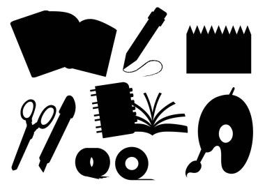 Siyah siluet. İleti örneği simgeler kümesi. Spiral ve normal defter, yapışkan bant, palet, kalemler, bıçak ve makas. Düz office simge. Beyaz arka plan üzerinde izole düz vektör çizim.