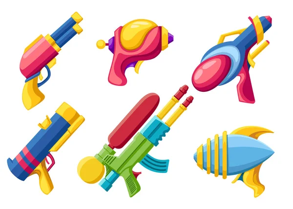 卡通枪收集 平面矢量五颜六色的玩具 空间激光枪设计 在白色背景上隔离的矢量插图 — 图库矢量图片