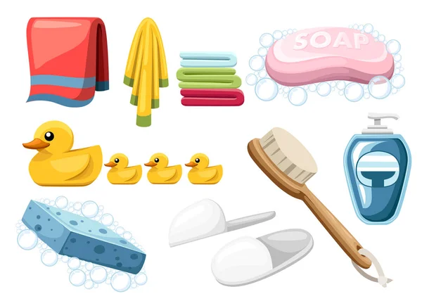 Bath Shower Icon Set Pink Soap Bar Towels Ducks Towels — Stockvector