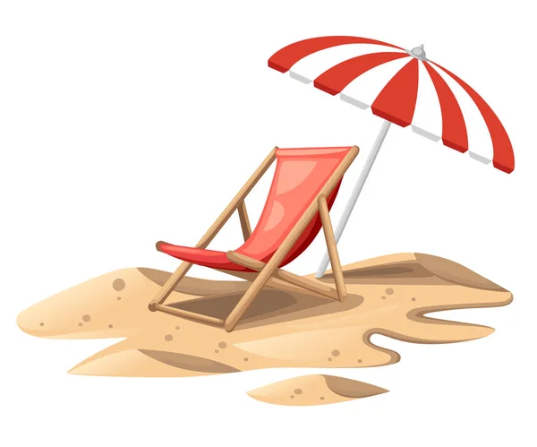 Sedia Spiaggia Rossa Con Ombrellone Sedia Legno Sabbia Illustrazione Estiva — Vettoriale Stock