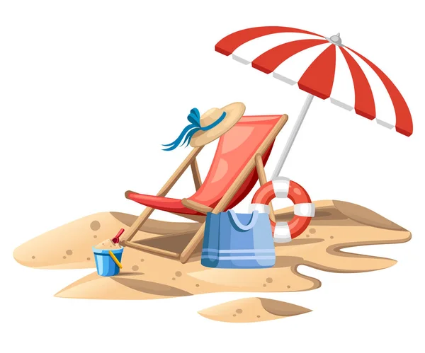 Kbelík Rýč Červená Pláž Židle Deštníkem Dřevěná Židle Plastová Hračka — Stockový vektor