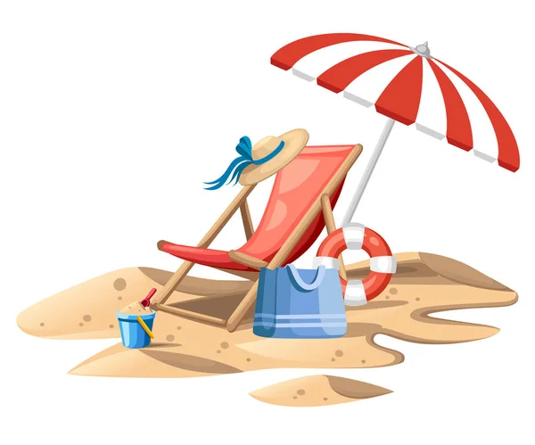 Bucket and spade. Red beach chair with umbrella. Wooden chair and plastic toy on sand. Summer icon. Flat vector illustration on white background. Travel concept design for website or advertising.