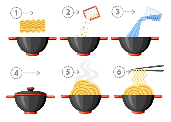 Μαγείρεμα Οδηγίες Στιγμιαία Noodles Επίπεδη Διανυσματικά Εικονογράφηση Μαύρο Μπολ Και — Διανυσματικό Αρχείο