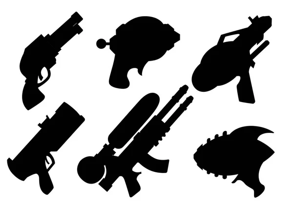 Siluet Hitam Koleksi Senjata Kartun Mainan Vektor Datar Desain Senjata - Stok Vektor