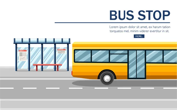 Gelber Stadtbus Illustration Des Öffentlichen Nahverkehrs Bushaltestelle Und Straße Flaches — Stockvektor