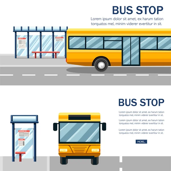 Yellow city bus. Public transport illustration. Bus stop and road. Flat design style on white background. Front view option. Public transport concept design for website or advertising.