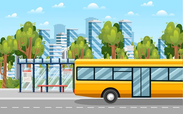 Rural Landscape Road Bus Stop Bus Green Trees Modern City — Stock Vector