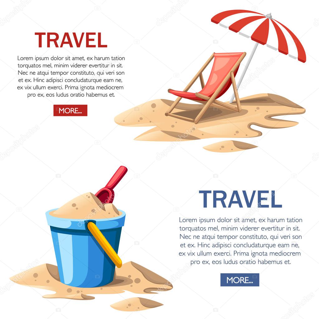 Bucket and spade. Red beach chair with umbrella. Wooden chair and plastic toy on sand. Summer icon. Flat vector illustration on white background. Travel concept design for website or advertising.