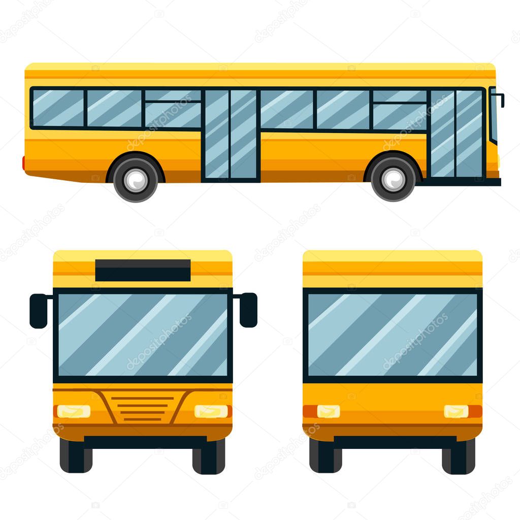 Yellow city bus. Public transport illustration. Flat design style. Isolated on white background. Two front option.