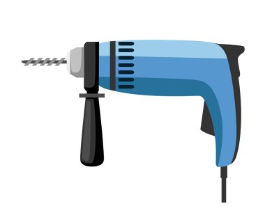 Elektrikli matkap illüstrasyon. Mavi el matkap Siyah saplı. Kablolu bir alet. Bina aracı. Renkli simge. Beyaz arka plan üzerinde izole düz vektör çizim.