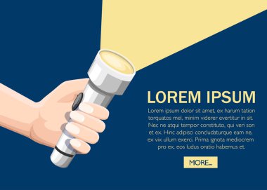 El tutun beyaz parlayan el feneri. Metal el feneri ile kapama düğmesi. Metin için yer ile düz vektör çizim. Konsept tasarımı web sitesi veya reklam için.