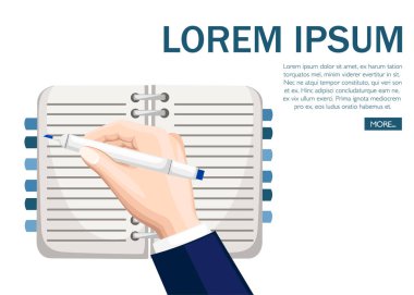 El yazma metin. Yer imleri ile defter. Not defteri mockup mavi metin şablonu ile. Metin için yer ile düz vektör çizim. Konsept tasarımı web sitesi veya reklam için.