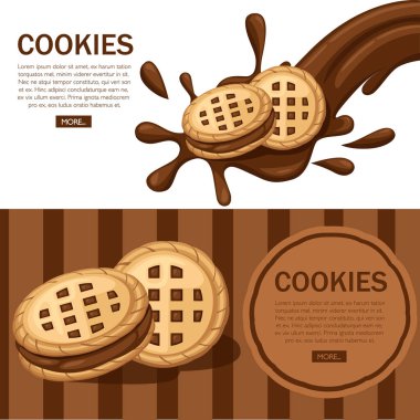 Sandviç kurabiyeler. Çikolata kurabiye choco krem akışı ile. Kırık bırakma çikolata sıçrama. Yemek ve tatlılar, pişirme ve pişirme tema. Beyaz arka plan üzerinde vektör çizim. Web sitesi tasarımı.