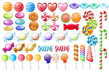Candies set. Big collection of different cartoon style candies. Wrapped and not lollipops, cane, sweetmeats. Cute glossy sweets. Flat colorful icons. Vector illustration isolated on white background. clipart