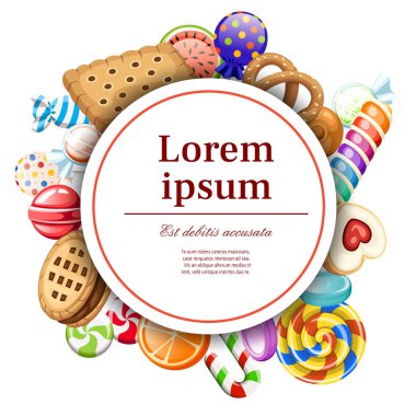 Şeker ve çerezleri desen. Yuvarlak kart tasarımı. Kartı ve reklam kavramı. Sarılmış ve değil lolipop, kamışı. Beyaz arka plan üzerinde vektör çizim. Metniniz için yer ile beyaz daire.