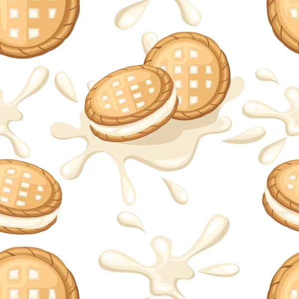 Modèle Sans Couture Des Biscuits Sandwich Biscuits Lait Crème Vanille — Image vectorielle