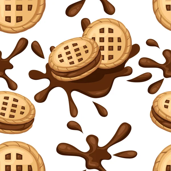패턴입니다 샌드위치 쿠키입니다 초콜릿 흐름입니다 크래커는 초콜릿 스플래시에 음식과 요리입니다 — 스톡 벡터